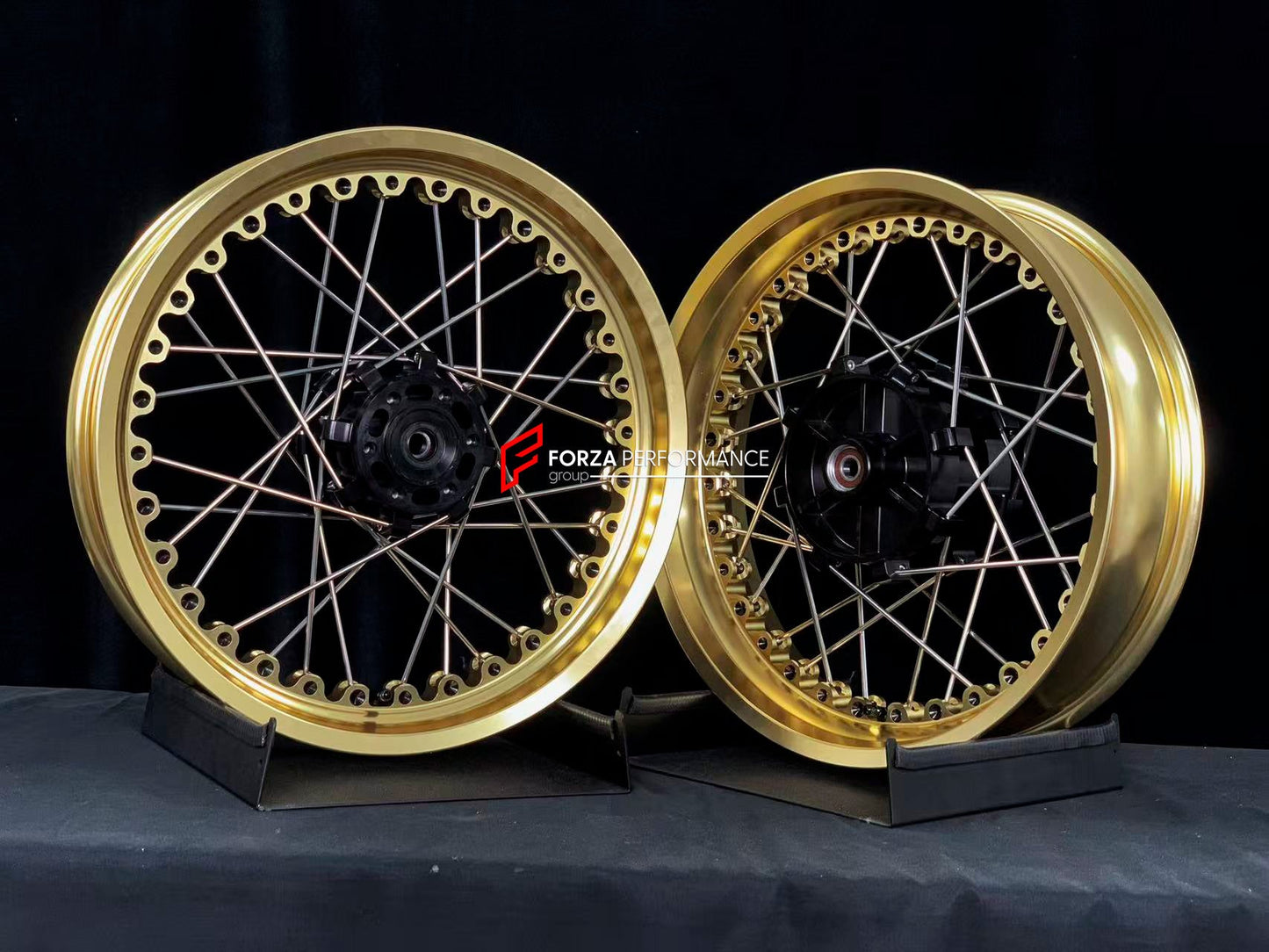 We manufacture premium quality forged motorcycle wheels rims for KTM 390 in any design, size, color.
Wheel sizes (motorcycle spec):
Front: 3.5 x 19
Rear: 4.5 x 17
Weight:
Front: 5.2 kg (11.46 lbs)
Rear: 6.25 kg (13.78 lbs)
Finishing: Gloss Gold
Forza Performance Group engineers and manufactures each forged motorcycle wheel individually per order. This ensures precise fitment, uncompromised strength, and unique styling. Whether for racing, touring, or daily use — our wheels are built for both perfor
