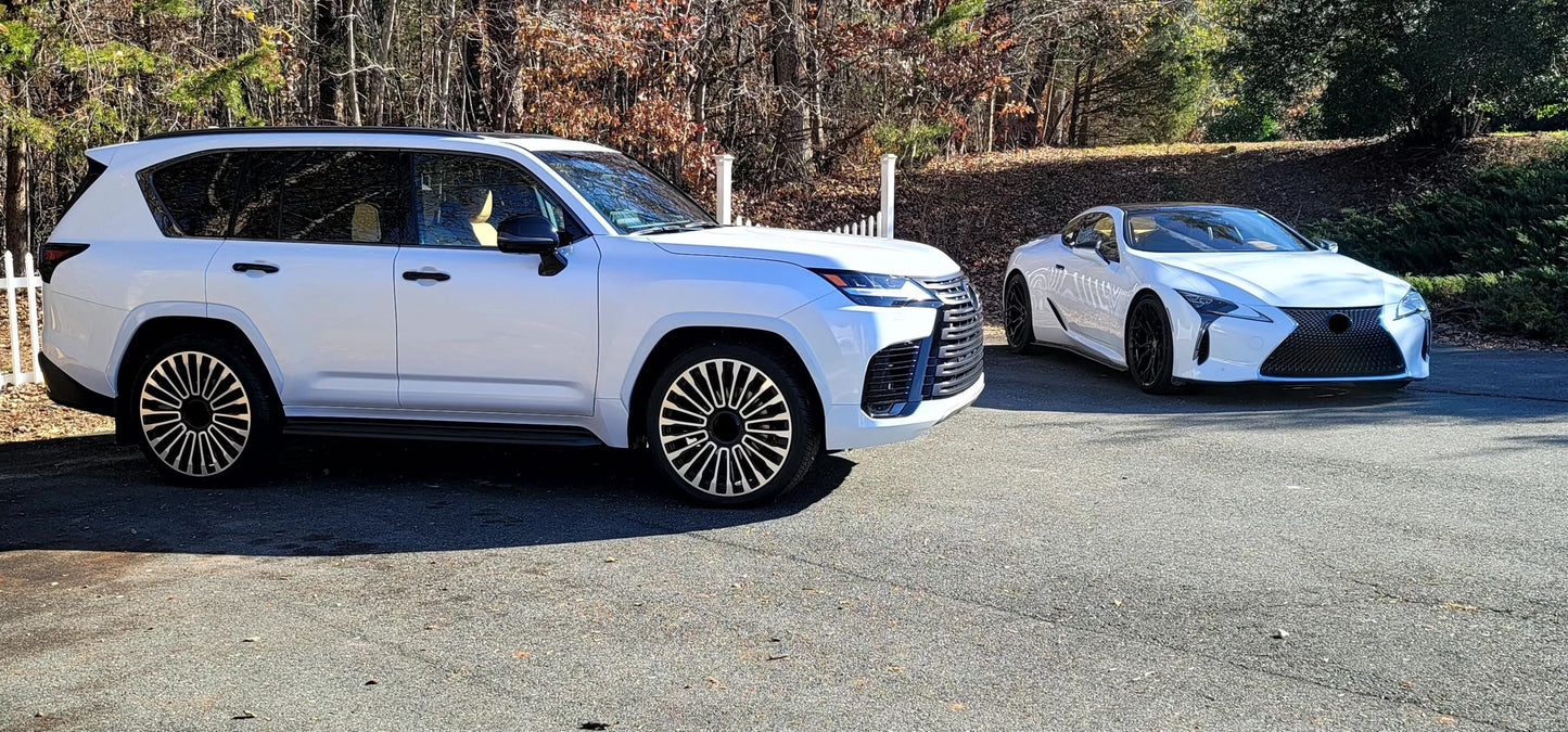 We produced premium quality forged wheels rims for  LEXUS LX600 2021+  Our wheels sizes:  Front 24 x 10 ET 50  Rear 24 x 10 ET 50  Finishing: Black Diamond  Forged wheels can be produced in any wheel specs by your inquiries and we can provide our specs