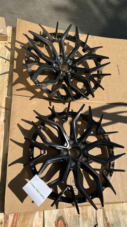 We produced premium quality forged wheels rims for  LAMBORGHINI HURACAN  Our wheels sizes:  Front 20 x 9 ET 30  Rear 21 x 12 ET 35  Finishing: Brushed Black  Forged wheels can be produced in any wheel specs by your inquiries and we can provide our specs