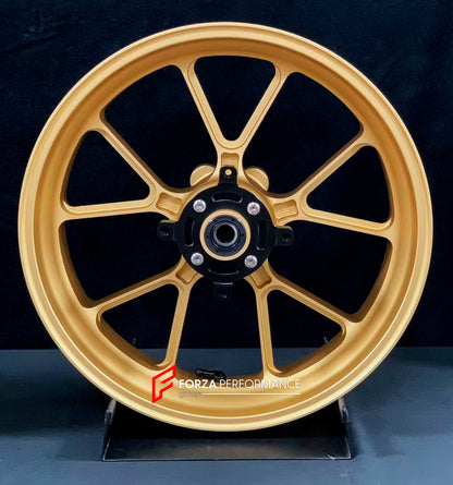 We manufacture premium quality forged motorcycle wheels rims for HONDA CBR650R in any design, size, color.

Wheel sizes (motorcycle spec):

Front: 3.5 x 17

Rear: 5.5 x 17

Weight:

Front: 4.2 kg (9.26 lbs)

Rear: 4.8 kg (10.58 lbs)


Finishing: Matt Gold

Forza Performance Group engineers and manufactures each forged motorcycle wheel individually per order. This ensures precise fitment, uncompromised strength, and unique styling. Whether for racing, touring, or daily use — our wheels are built for both per