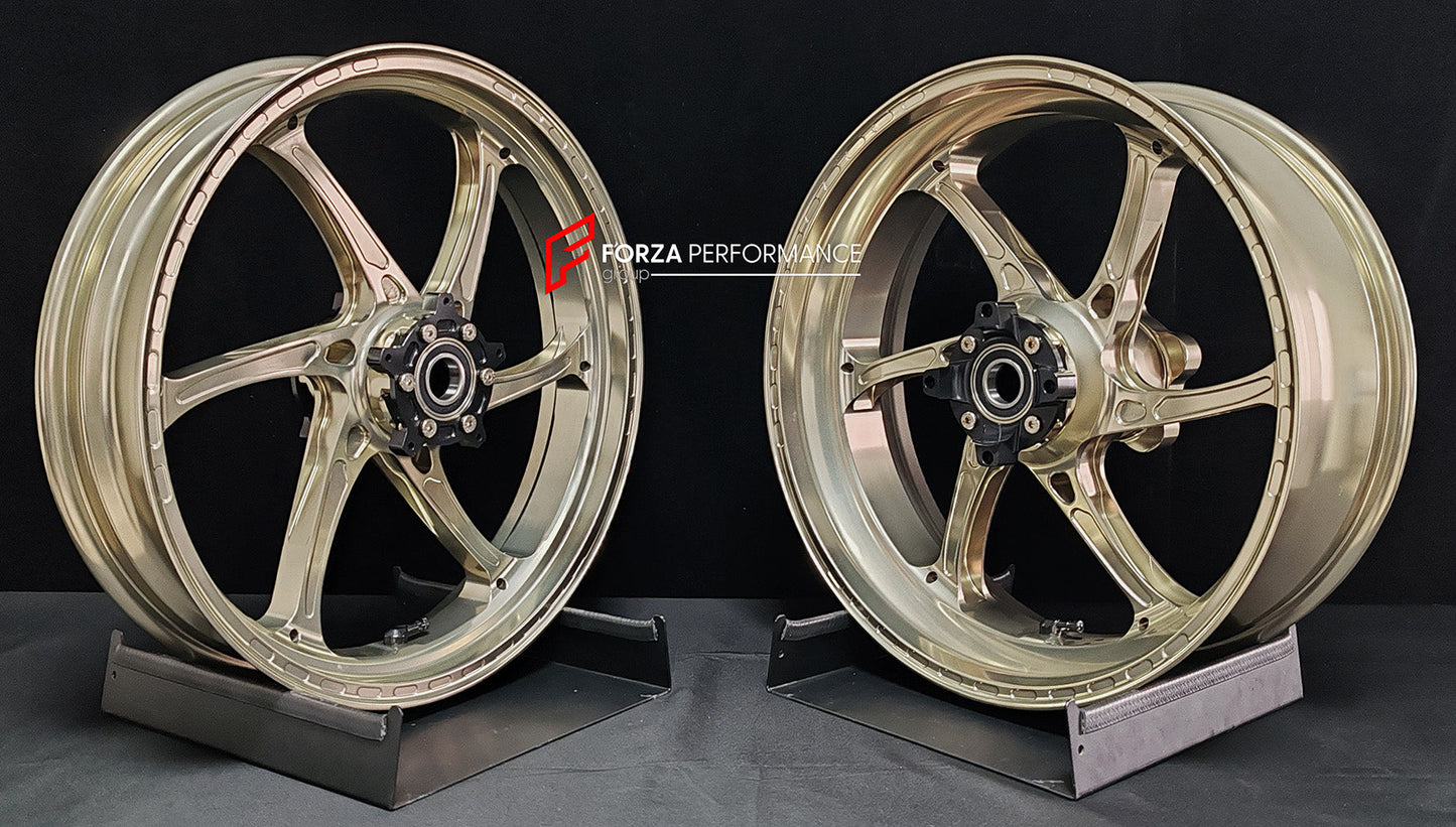 We manufacture premium quality forged motorcycle wheels rims for HONDA CBR1000RRR in any design, size, color.

Wheel sizes (motorcycle spec):

Front: 3.5 x 17

Rear: 6 x 17

Weight:

Front: 3.5 kg (7.72 lbs)

Rear: 4.5 kg (9.92 lbs)


Finishing: Gloss Bronze

Forza Performance Group engineers and manufactures each forged motorcycle wheel individually per order. This ensures precise fitment, uncompromised strength, and unique styling. Whether for racing, touring, or daily use — our wheels are built for both 