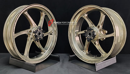 We manufacture premium quality forged motorcycle wheels rims for HONDA CBR1000RRR in any design, size, color.

Wheel sizes (motorcycle spec):

Front: 3.5 x 17

Rear: 6 x 17

Weight:

Front: 3.5 kg (7.72 lbs)

Rear: 4.5 kg (9.92 lbs)


Finishing: Gloss Bronze

Forza Performance Group engineers and manufactures each forged motorcycle wheel individually per order. This ensures precise fitment, uncompromised strength, and unique styling. Whether for racing, touring, or daily use — our wheels are built for both 