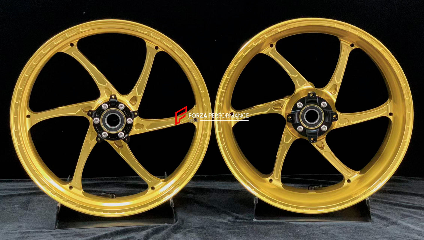 We manufacture premium quality forged motorcycle wheels rims for HONDA CBR1000RRR in any design, size, color.

Wheel sizes (motorcycle spec):

Front: 3.5 x 17

Rear: 6 x 17

Weight:

Front: 3.55 kg (7.83 lbs)

Rear: 4.55 kg (10.03 lbs)

Finishing: Satin Gold

Forza Performance Group engineers and manufactures each forged motorcycle wheel individually per order. This ensures precise fitment, uncompromised strength, and unique styling. Whether for racing, touring, or daily use — our wheels are built for both 