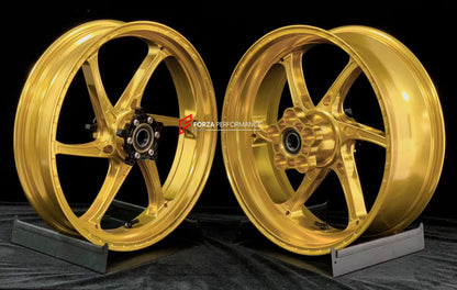 We manufacture premium quality forged motorcycle wheels rims for HONDA CBR1000RRR in any design, size, color.

Wheel sizes (motorcycle spec):

Front: 3.5 x 17

Rear: 6 x 17

Weight:

Front: 3.55 kg (7.83 lbs)

Rear: 4.55 kg (10.03 lbs)

Finishing: Satin Gold

Forza Performance Group engineers and manufactures each forged motorcycle wheel individually per order. This ensures precise fitment, uncompromised strength, and unique styling. Whether for racing, touring, or daily use — our wheels are built for both 