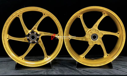 We manufacture premium quality forged motorcycle wheels rims for HONDA CBR1000RRR in any design, size, color.

Wheel sizes (motorcycle spec):

Front: 3.5 x 17

Rear: 6 x 17

Weight:

Front: 3.55 kg (7.83 lbs)

Rear: 4.55 kg (10.03 lbs)

Finishing: Satin Gold

Forza Performance Group engineers and manufactures each forged motorcycle wheel individually per order. This ensures precise fitment, uncompromised strength, and unique styling. Whether for racing, touring, or daily use — our wheels are built for both 