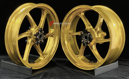 We manufacture premium quality forged motorcycle wheels rims for HONDA CBR1000RRR in any design, size, color.

Wheel sizes (motorcycle spec):

Front: 3.5 x 17

Rear: 6 x 17

Weight:

Front: 3.55 kg (7.83 lbs)

Rear: 4.55 kg (10.03 lbs)

Finishing: Satin Gold

Forza Performance Group engineers and manufactures each forged motorcycle wheel individually per order. This ensures precise fitment, uncompromised strength, and unique styling. Whether for racing, touring, or daily use — our wheels are built for both 
