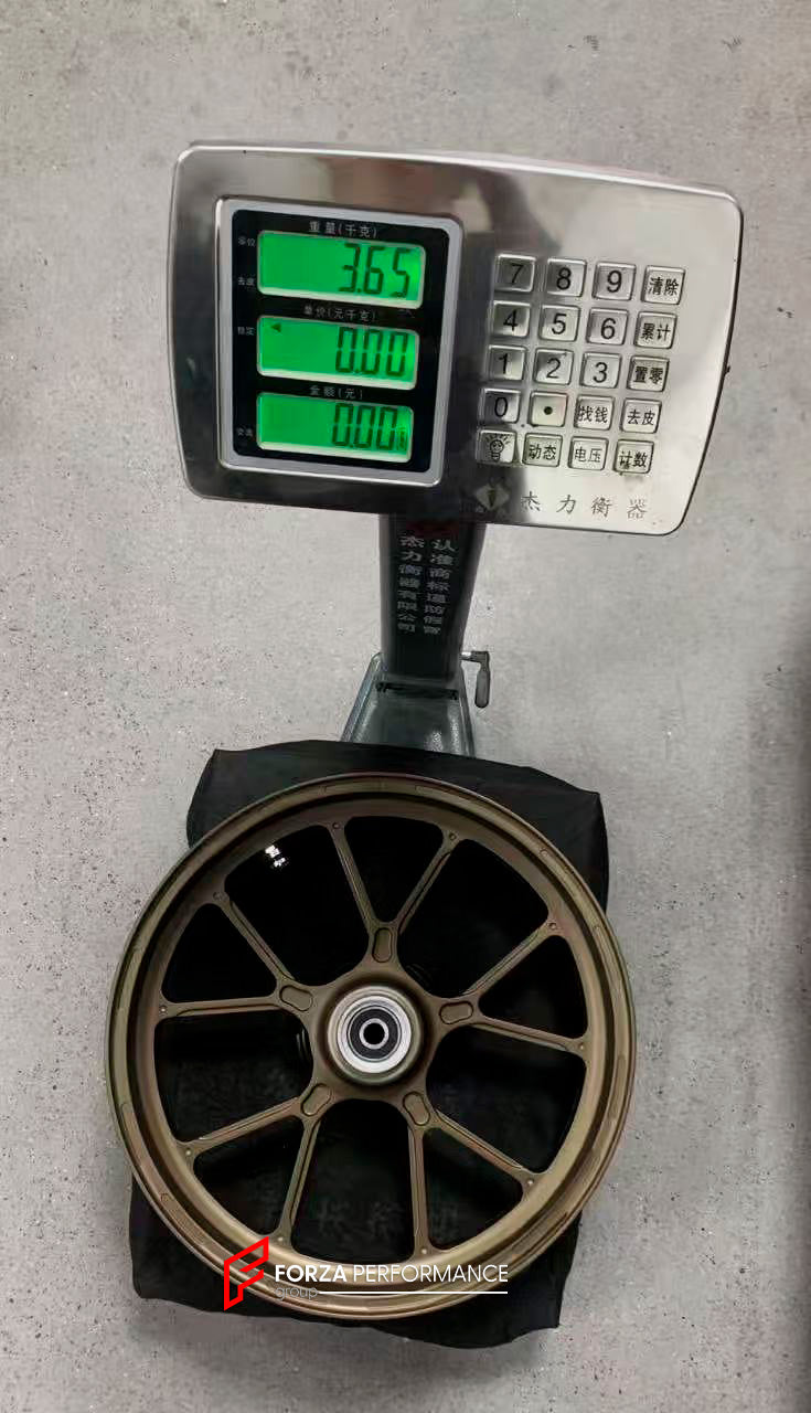 We manufacture premium quality forged motorcycle wheels rims for APRILIA SRMAX 125 300 250 HPE in any design, size, color.

Wheel sizes (motorcycle spec):

Front: 3.0 x 15

Rear: 4.0 x 14

Weight:

Front: 3.65 kg (8.05 lbs)

Rear: 2.5 kg (5.51 lbs)


Finishing: Satin Bronze

Forza Performance Group engineers and manufactures each forged motorcycle wheel individually per order. This ensures precise fitment, uncompromised strength, and unique styling. Whether for racing, touring, or daily use — our wheels are