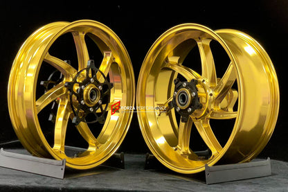 We manufacture premium quality forged motorcycle wheels rims for S1000RR M1000RR in any design, size, color.

Wheel sizes (motorcycle spec):

Front: 3.5 x 17

Rear: 6 x 17

Weight:

Front: 4.35 kg (9.59 lbs)

Rear: 4.85 kg (10.69lbs)

Finishing: Gloss Gold

Forza Performance Group engineers and manufactures each forged motorcycle wheel individually per order. This ensures precise fitment, uncompromised strength, and unique styling. Whether for racing, touring, or daily use — our wheels are built for both pe