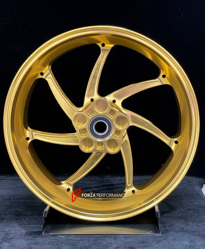 We manufacture premium quality forged motorcycle wheels rims for S1000RR M1000RR in any design, size, color.

Wheel sizes (motorcycle spec):

Front: 3.5 x 17

Rear: 6 x 17

Weight:

Front: 4.35 kg (9.59 lbs)

Rear: 4.85 kg (10.69lbs)

Finishing: Gloss Gold

Forza Performance Group engineers and manufactures each forged motorcycle wheel individually per order. This ensures precise fitment, uncompromised strength, and unique styling. Whether for racing, touring, or daily use — our wheels are built for both pe