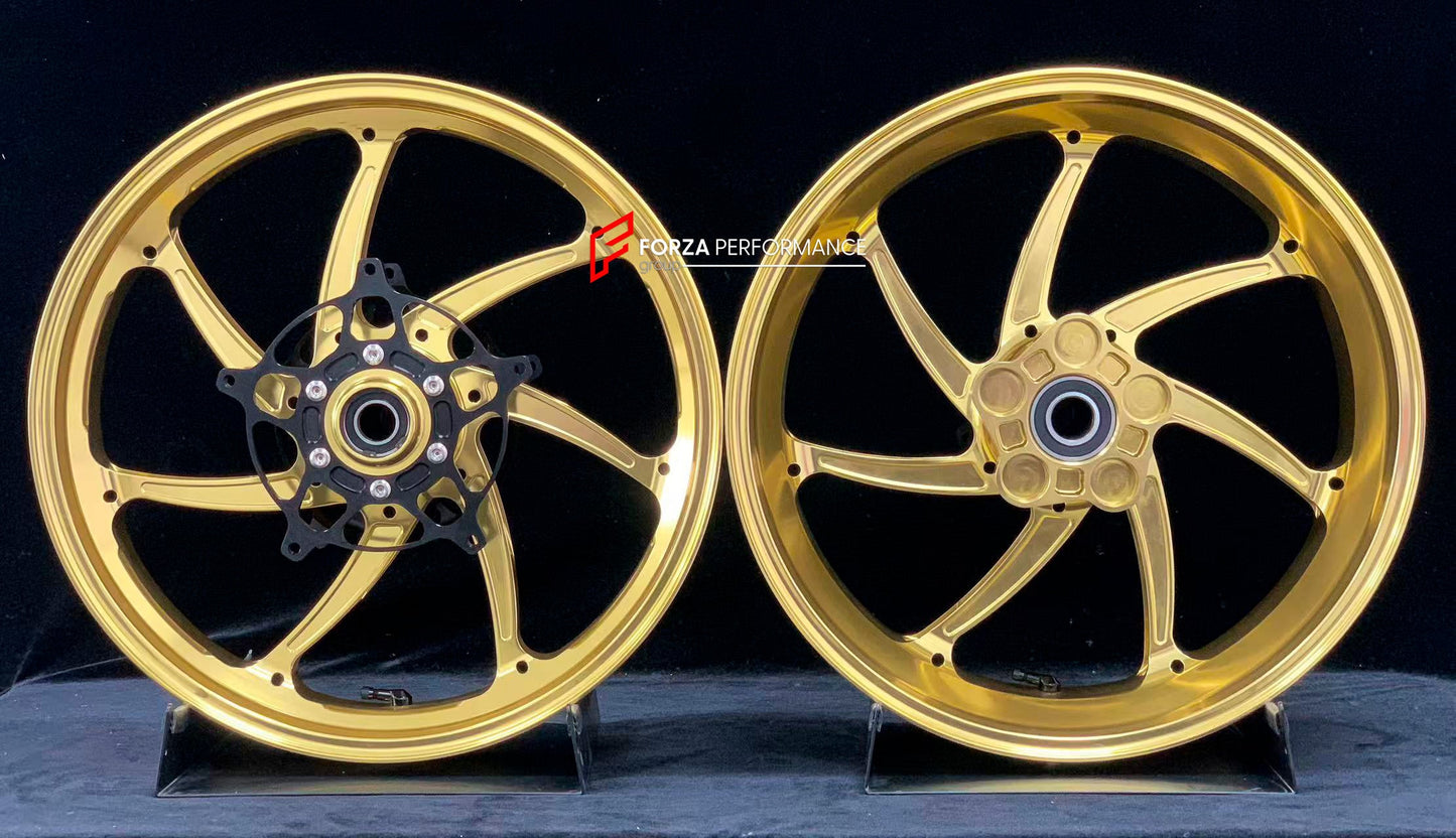 We manufacture premium quality forged motorcycle wheels rims for S1000RR M1000RR in any design, size, color.

Wheel sizes (motorcycle spec):

Front: 3.5 x 17

Rear: 6 x 17

Weight:

Front: 4.35 kg (9.59 lbs)

Rear: 4.85 kg (10.69lbs)

Finishing: Gloss Gold

Forza Performance Group engineers and manufactures each forged motorcycle wheel individually per order. This ensures precise fitment, uncompromised strength, and unique styling. Whether for racing, touring, or daily use — our wheels are built for both pe