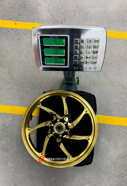We manufacture premium quality forged motorcycle wheels rims for S1000RR M1000RR in any design, size, color.

Wheel sizes (motorcycle spec):

Front: 3.5 x 17

Rear: 6 x 17

Weight:

Front: 4.35 kg (9.59 lbs)

Rear: 4.85 kg (10.69lbs)

Finishing: Gloss Gold

Forza Performance Group engineers and manufactures each forged motorcycle wheel individually per order. This ensures precise fitment, uncompromised strength, and unique styling. Whether for racing, touring, or daily use — our wheels are built for both pe