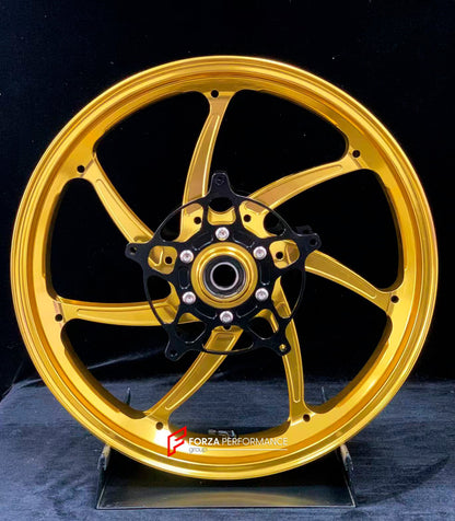 We manufacture premium quality forged motorcycle wheels rims for S1000RR M1000RR in any design, size, color.

Wheel sizes (motorcycle spec):

Front: 3.5 x 17

Rear: 6 x 17

Weight:

Front: 4.35 kg (9.59 lbs)

Rear: 4.85 kg (10.69 lbs)

Finishing: Gloss Gold

Forza Performance Group engineers and manufactures each forged motorcycle wheel individually per order. This ensures precise fitment, uncompromised strength, and unique styling. Whether for racing, touring, or daily use — our wheels are built for both p