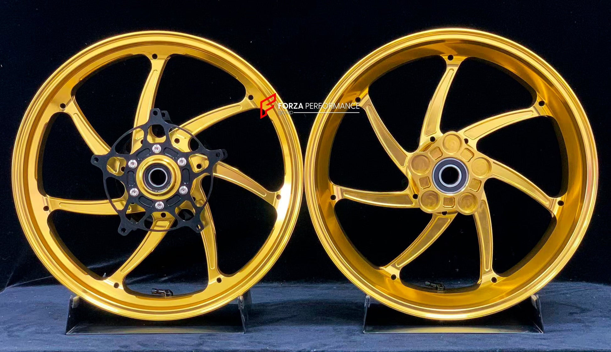 We manufacture premium quality forged motorcycle wheels rims for S1000RR M1000RR in any design, size, color.

Wheel sizes (motorcycle spec):

Front: 3.5 x 17

Rear: 6 x 17

Weight:

Front: 4.35 kg (9.59 lbs)

Rear: 4.85 kg (10.69 lbs)

Finishing: Gloss Gold

Forza Performance Group engineers and manufactures each forged motorcycle wheel individually per order. This ensures precise fitment, uncompromised strength, and unique styling. Whether for racing, touring, or daily use — our wheels are built for both p