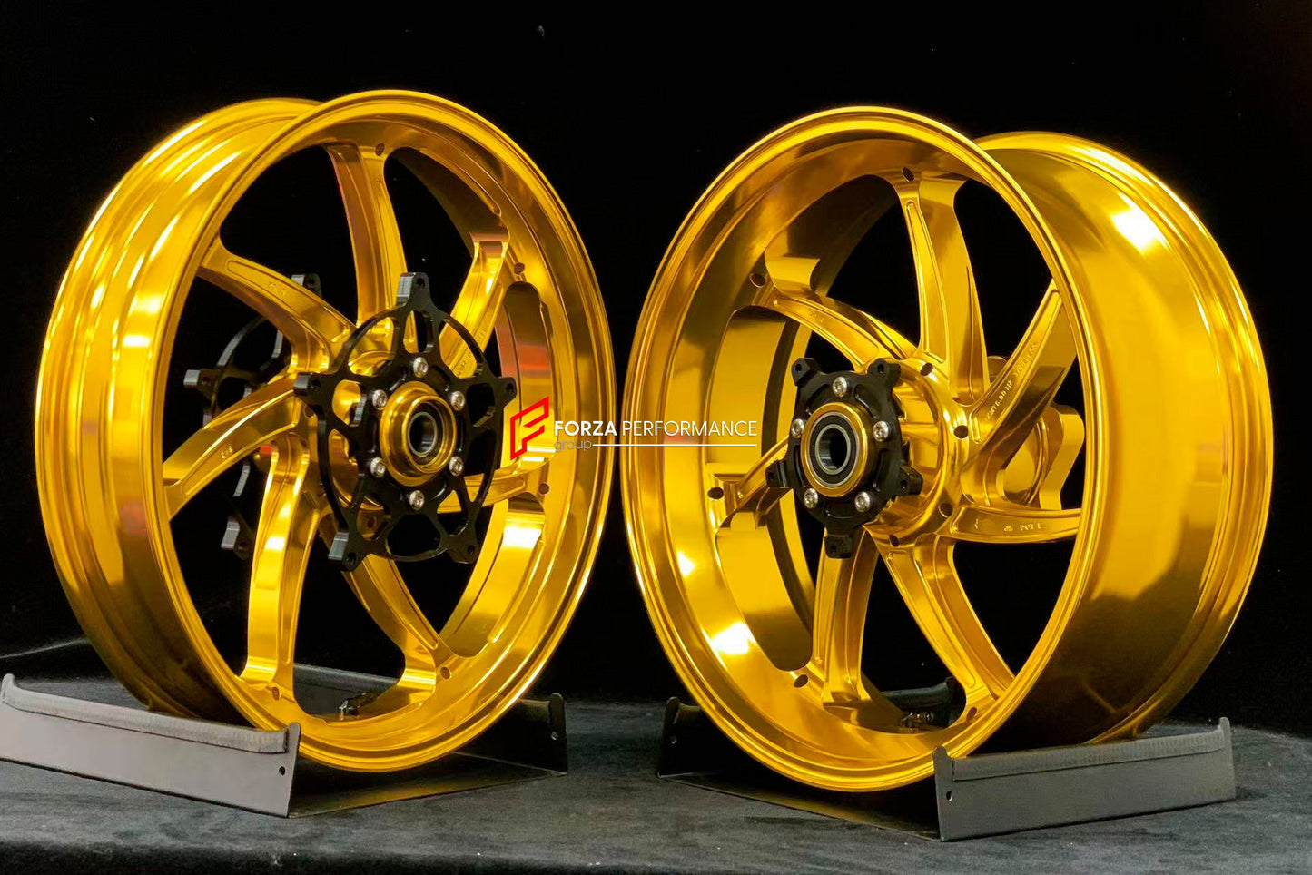 We manufacture premium quality forged motorcycle wheels rims for S1000RR M1000RR in any design, size, color.

Wheel sizes (motorcycle spec):

Front: 3.5 x 17

Rear: 6 x 17

Weight:

Front: 4.35 kg (9.59 lbs)

Rear: 4.85 kg (10.69 lbs)

Finishing: Gloss Gold

Forza Performance Group engineers and manufactures each forged motorcycle wheel individually per order. This ensures precise fitment, uncompromised strength, and unique styling. Whether for racing, touring, or daily use — our wheels are built for both p