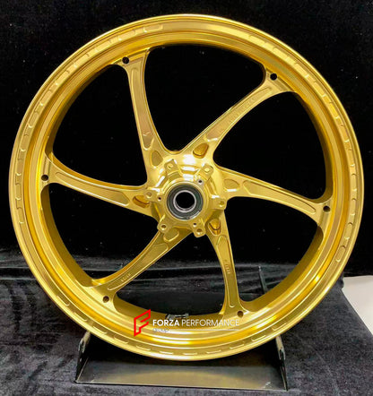 We manufacture premium quality forged motorcycle wheels rims for S1000RR M1000RR in any design, size, color.

Wheel sizes (motorcycle spec):

Front: 3.5 x 17

Rear: 6 x 17

Weight:

Front: 3.15 kg (6.94 lbs)

Rear: 4.3 kg (9.48 lbs)


Finishing: Satin Gold

Forza Performance Group engineers and manufactures each forged motorcycle wheel individually per order. This ensures precise fitment, uncompromised strength, and unique styling. Whether for racing, touring, or daily use — our wheels are built for both pe