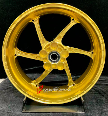 We manufacture premium quality forged motorcycle wheels rims for S1000RR M1000RR in any design, size, color.

Wheel sizes (motorcycle spec):

Front: 3.5 x 17

Rear: 6 x 17

Weight:

Front: 3.15 kg (6.94 lbs)

Rear: 4.3 kg (9.48 lbs)


Finishing: Satin Gold

Forza Performance Group engineers and manufactures each forged motorcycle wheel individually per order. This ensures precise fitment, uncompromised strength, and unique styling. Whether for racing, touring, or daily use — our wheels are built for both pe