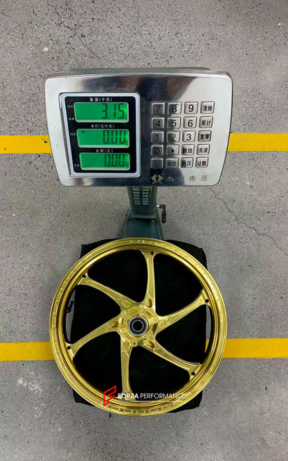 We manufacture premium quality forged motorcycle wheels rims for S1000RR M1000RR in any design, size, color.

Wheel sizes (motorcycle spec):

Front: 3.5 x 17

Rear: 6 x 17

Weight:

Front: 3.15 kg (6.94 lbs)

Rear: 4.3 kg (9.48 lbs)


Finishing: Satin Gold

Forza Performance Group engineers and manufactures each forged motorcycle wheel individually per order. This ensures precise fitment, uncompromised strength, and unique styling. Whether for racing, touring, or daily use — our wheels are built for both pe