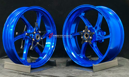 We manufacture premium quality forged motorcycle wheels rims for S1000RR M1000RR in any design, size, color.

Wheel sizes (motorcycle spec):

Front: 3.5 x 17

Rear: 6 x 17

Weight:

Front: 3.25 kg (7.16 lbs)

Rear: 4.35 kg (9.59 lbs)


Finishing: Gloss Blue

Forza Performance Group engineers and manufactures each forged motorcycle wheel individually per order. This ensures precise fitment, uncompromised strength, and unique styling. Whether for racing, touring, or daily use — our wheels are built for both p