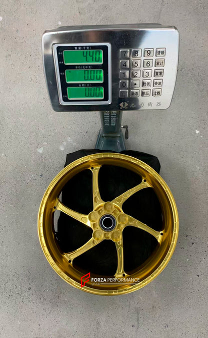 We manufacture premium quality forged motorcycle wheels rims for S1000RR M1000RR in any design, size, color.

Wheel sizes (motorcycle spec):

Front: 3.5 x 17

Rear: 6 x 17

Weight:

Front: 3.75 kg (8.27 lbs)

Rear: 4.4 kg (9.7 lbs)

Finishing: Satin Gold

Forza Performance Group engineers and manufactures each forged motorcycle wheel individually per order. This ensures precise fitment, uncompromised strength, and unique styling. Whether for racing, touring, or daily use — our wheels are built for both perf