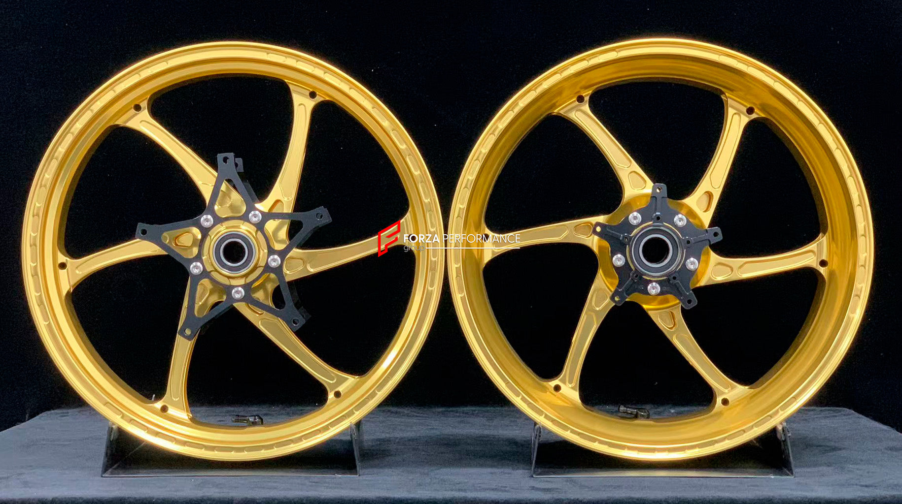 We manufacture premium quality forged motorcycle wheels rims for S1000RR M1000RR in any design, size, color.

Wheel sizes (motorcycle spec):

Front: 3.5 x 17

Rear: 6 x 17

Weight:

Front: 3.75 kg (8.27 lbs)

Rear: 4.4 kg (9.7 lbs)

Finishing: Satin Gold

Forza Performance Group engineers and manufactures each forged motorcycle wheel individually per order. This ensures precise fitment, uncompromised strength, and unique styling. Whether for racing, touring, or daily use — our wheels are built for both perf