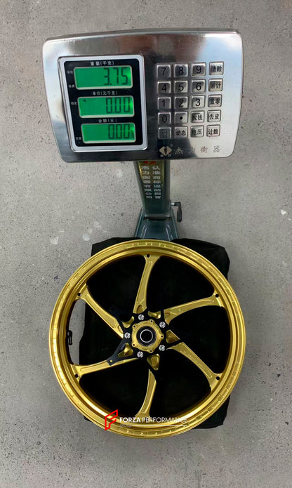 We manufacture premium quality forged motorcycle wheels rims for S1000RR M1000RR in any design, size, color.

Wheel sizes (motorcycle spec):

Front: 3.5 x 17

Rear: 6 x 17

Weight:

Front: 3.75 kg (8.27 lbs)

Rear: 4.4 kg (9.7 lbs)

Finishing: Satin Gold

Forza Performance Group engineers and manufactures each forged motorcycle wheel individually per order. This ensures precise fitment, uncompromised strength, and unique styling. Whether for racing, touring, or daily use — our wheels are built for both perf