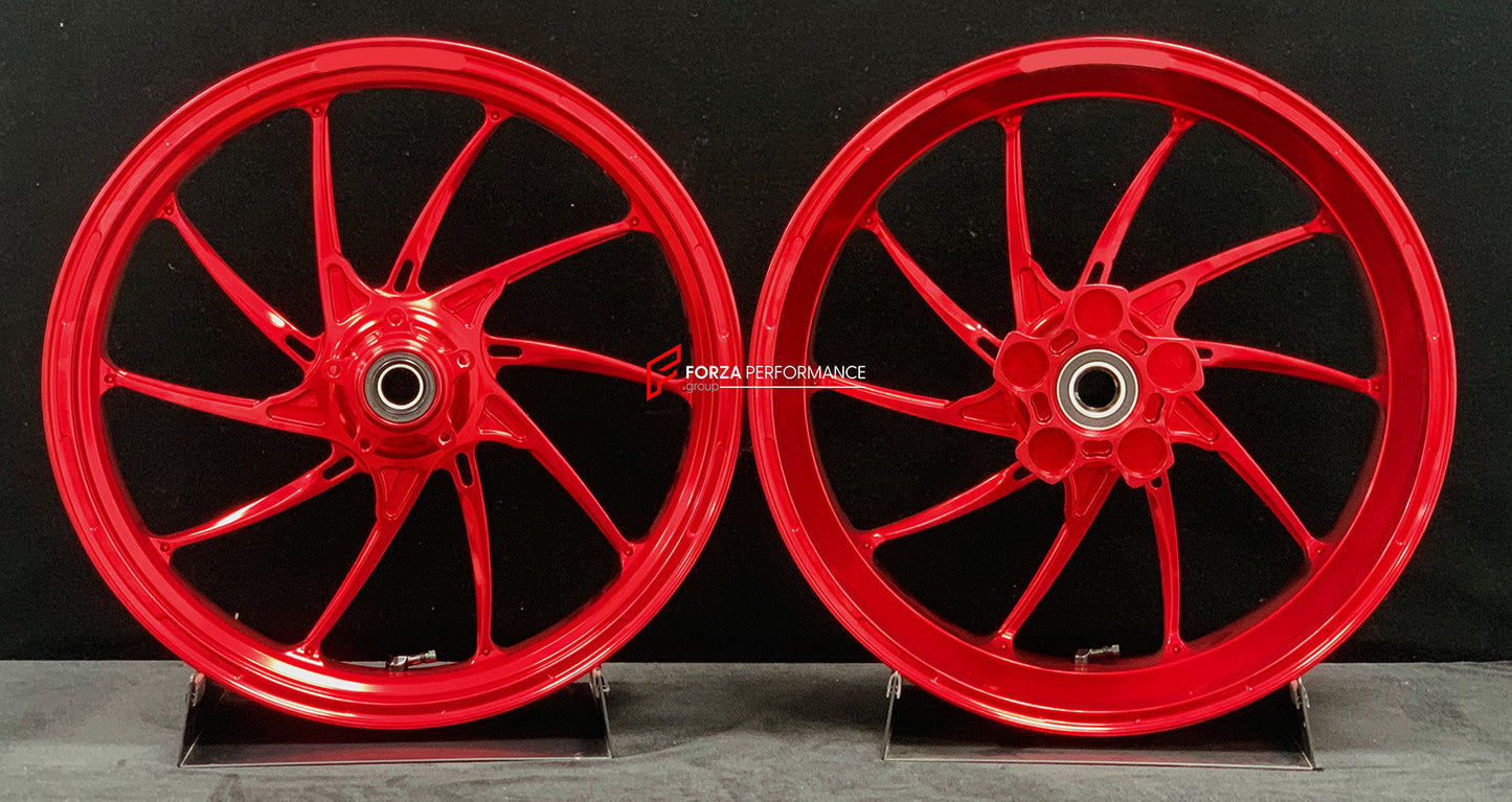 We manufacture premium quality forged motorcycle wheels rims for DUCATI PANIGALE V4 V4S V4R V4 SP2 in any design, size, color.

Wheel sizes (motorcycle spec):

Front: 3.5 x 17

Rear: 6 x 17

Weight:

Front: 4.05 kg (8.93 lbs)

Rear: 5.4 kg (11.9 lbs)


Finishing: Gloss Red

Forza Performance Group engineers and manufactures each forged motorcycle wheel individually per order. This ensures precise fitment, uncompromised strength, and unique styling. Whether for racing, touring, or daily use — our wheels are 