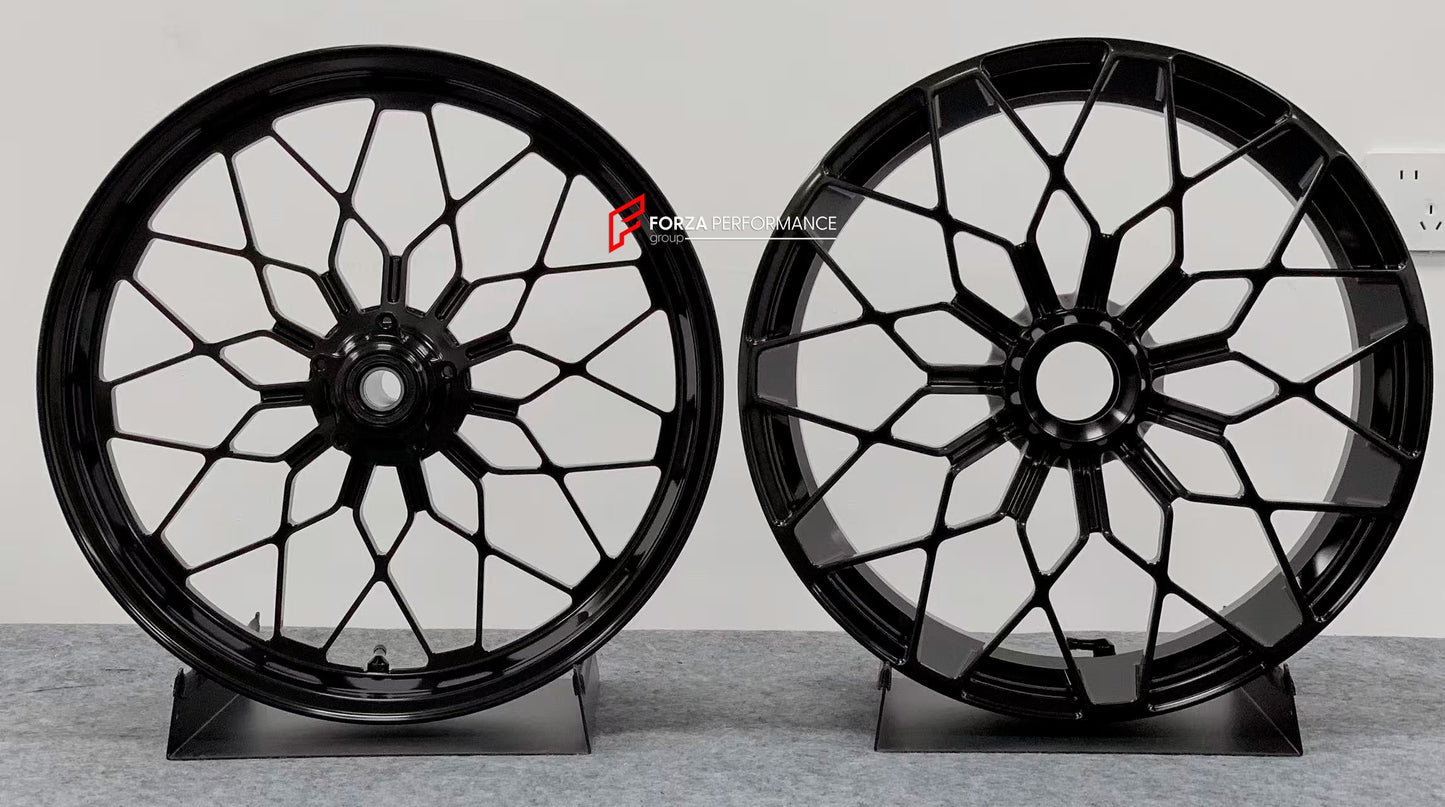 We manufacture premium quality forged motorcycle wheels rims for DUCATI PANIGALE V4 V4S V4R V4 SP2 in any design, size, color.

Wheel sizes (motorcycle spec):

Front: 3.5 x 17

Rear: 6 x 17

Weight:

Front: 4.25 kg (9.37 lbs)

Rear: 4.95 kg (10.91 lbs)

Finishing: Brushed Black

Forza Performance Group engineers and manufactures each forged motorcycle wheel individually per order. This ensures precise fitment, uncompromised strength, and unique styling. Whether for racing, touring, or daily use — our wheels