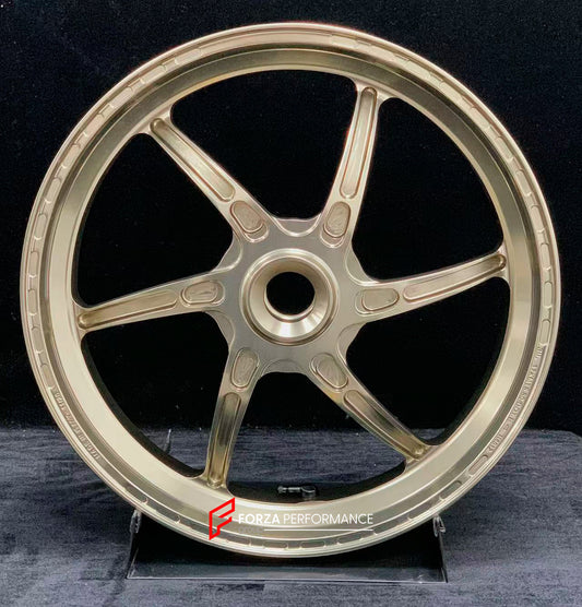 We manufacture premium quality forged motorcycle wheels rims for DUCATI HYPERMOTARD 698 MONO 950 950 RVE 950 SP in any design, size, color.

Wheel sizes (motorcycle spec):

Front: 3.5 x 17

Rear: 5.5 x 17

Weight:

Front: 3.3 kg (7.27 lbs)

Rear: 3.75 kg (8.27 lbs)


Finishing: Satin light gold

Forza Performance Group engineers and manufactures each forged motorcycle wheel individually per order. This ensures precise fitment, uncompromised strength, and unique styling. Whether for racing, touring, or daily