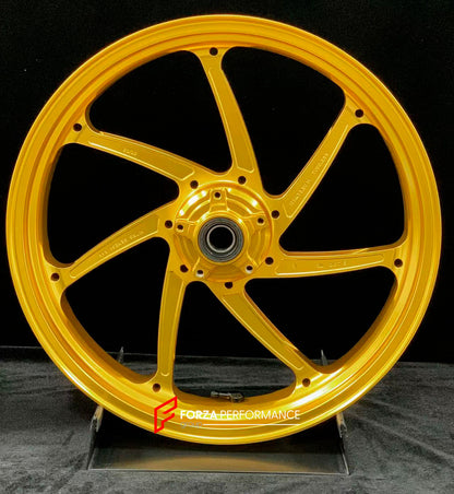 We manufacture premium quality forged motorcycle wheels rims for DUCATI HYPERMOTARD 698 MONO 950 950 RVE 950 SP in any design, size, color.

Wheel sizes (motorcycle spec):

Front: 3.5 x 17

Rear: 5.5 x 17

Weight:

Front: 3.8 kg (6.61 lbs)

Rear: 4.15 kg (8.82 lbs)


Finishing: Satin Gold

Forza Performance Group engineers and manufactures each forged motorcycle wheel individually per order. This ensures precise fitment, uncompromised strength, and unique styling. Whether for racing, touring, or daily use 