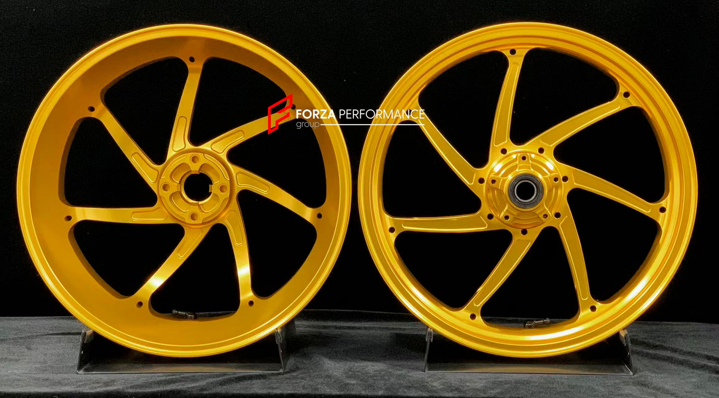 We manufacture premium quality forged motorcycle wheels rims for DUCATI HYPERMOTARD 698 MONO 950 950 RVE 950 SP in any design, size, color.

Wheel sizes (motorcycle spec):

Front: 3.5 x 17

Rear: 5.5 x 17

Weight:

Front: 3.8 kg (6.61 lbs)

Rear: 4.15 kg (8.82 lbs)


Finishing: Satin Gold

Forza Performance Group engineers and manufactures each forged motorcycle wheel individually per order. This ensures precise fitment, uncompromised strength, and unique styling. Whether for racing, touring, or daily use 