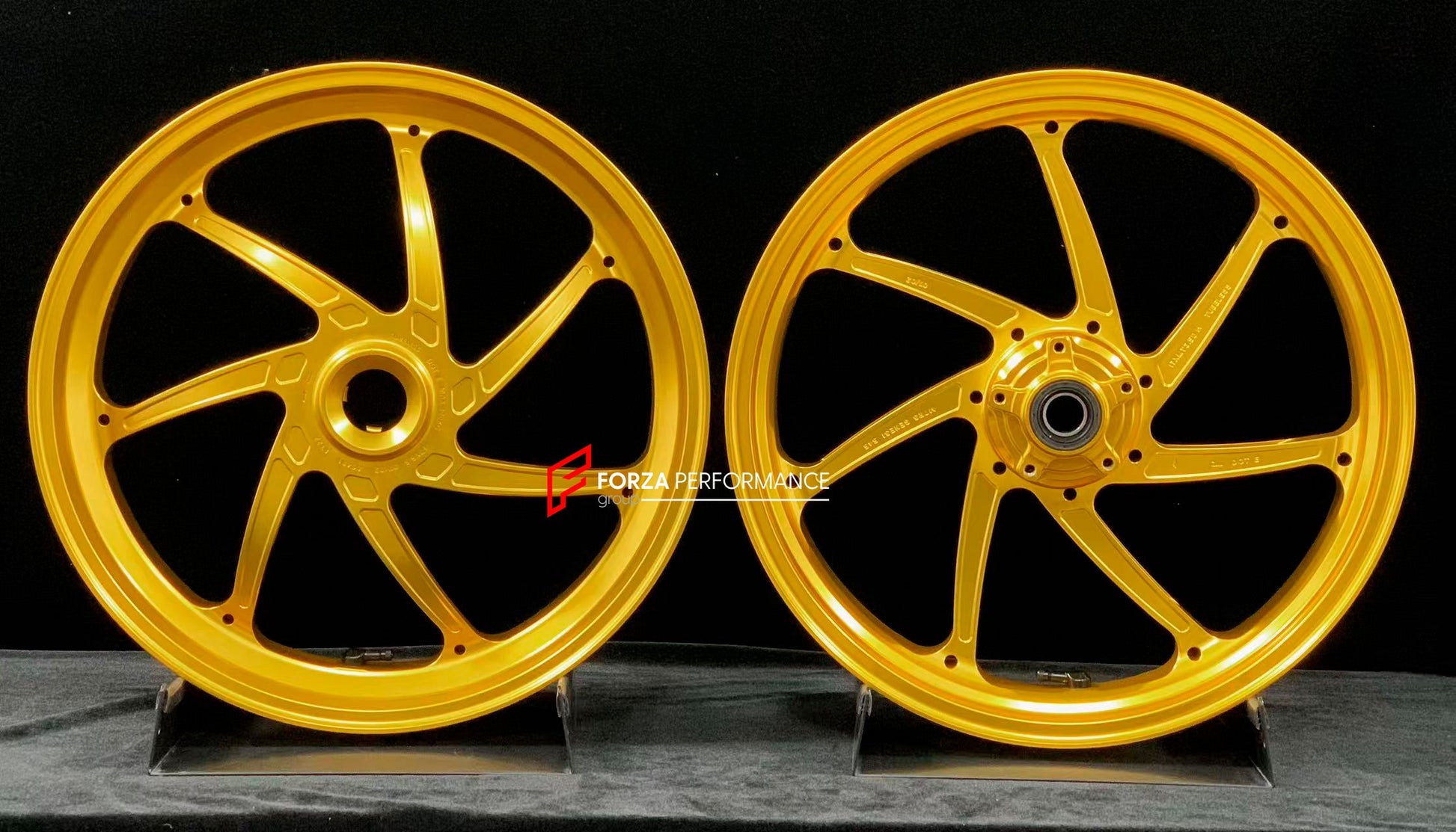 We manufacture premium quality forged motorcycle wheels rims for DUCATI HYPERMOTARD 698 MONO 950 950 RVE 950 SP in any design, size, color.

Wheel sizes (motorcycle spec):

Front: 3.5 x 17

Rear: 5.5 x 17

Weight:

Front: 3.8 kg (6.61 lbs)

Rear: 4.15 kg (8.82 lbs)


Finishing: Satin Gold

Forza Performance Group engineers and manufactures each forged motorcycle wheel individually per order. This ensures precise fitment, uncompromised strength, and unique styling. Whether for racing, touring, or daily use 