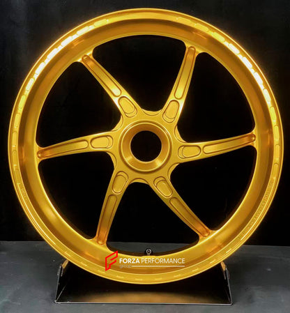 We manufacture premium quality forged motorcycle wheels rims for DUCATI MULTISTRADA V4 V4S V4RS V4 RALLY V4 PIKES PEAK in any design, size, color.

Wheel sizes (motorcycle spec):

Front: 3.0 x 19

Rear: 4.5 x 17

Weight:

Front: 3.45 kg (7.6 lbs)

Rear: 3.3 kg (7.27 lbs)

Finishing: Satin Gold

Forza Performance Group engineers and manufactures each forged motorcycle wheel individually per order. This ensures precise fitment, uncompromised strength, and unique styling. Whether for racing, touring, or daily 