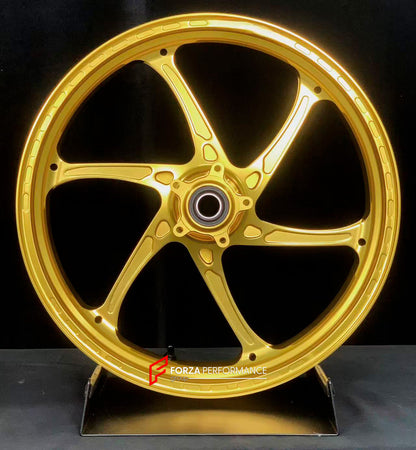 We manufacture premium quality forged motorcycle wheels rims for DUCATI PANIGALE V4 V4S V4R V4 SP2 in any design, size, color.

Wheel sizes (motorcycle spec):

Front: 3.5 x 17

Rear: 6 x 17

Weight:

Front: 3.3 kg (7.27 lbs)

Rear: 3.45 kg (7.6 lbs)


Finishing: Satin Gold

Forza Performance Group engineers and manufactures each forged motorcycle wheel individually per order. This ensures precise fitment, uncompromised strength, and unique styling. Whether for racing, touring, or daily use — our wheels are 