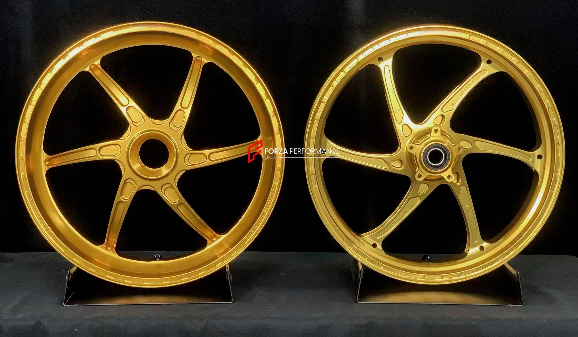 We manufacture premium quality forged motorcycle wheels rims for DUCATI PANIGALE V4 V4S V4R V4 SP2 in any design, size, color.

Wheel sizes (motorcycle spec):

Front: 3.5 x 17

Rear: 6 x 17

Weight:

Front: 3.3 kg (7.27 lbs)

Rear: 3.45 kg (7.6 lbs)


Finishing: Satin Gold

Forza Performance Group engineers and manufactures each forged motorcycle wheel individually per order. This ensures precise fitment, uncompromised strength, and unique styling. Whether for racing, touring, or daily use — our wheels are 