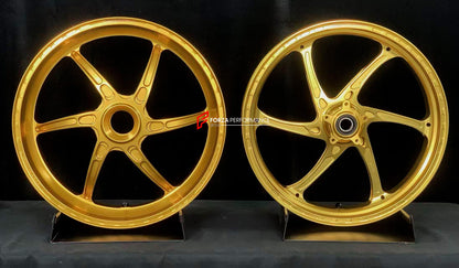 We manufacture premium quality forged motorcycle wheels rims for DUCATI PANIGALE V4 V4S V4R V4 SP2 in any design, size, color.

Wheel sizes (motorcycle spec):

Front: 3.5 x 17

Rear: 6 x 17

Weight:

Front: 3.3 kg (7.27 lbs)

Rear: 3.45 kg (7.6 lbs)


Finishing: Satin Gold

Forza Performance Group engineers and manufactures each forged motorcycle wheel individually per order. This ensures precise fitment, uncompromised strength, and unique styling. Whether for racing, touring, or daily use — our wheels are 