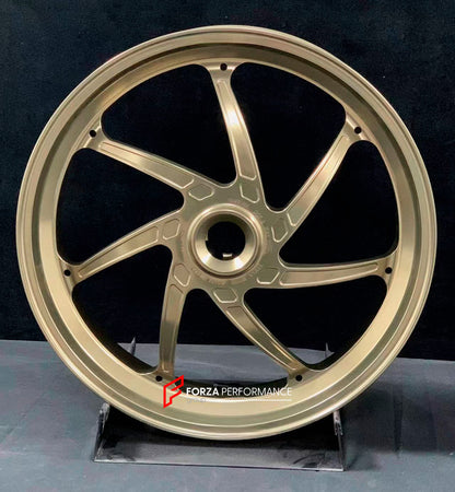 We manufacture premium quality forged motorcycle wheels rims for DUCATI PANIGALE V4 V4S V4R V4 SP2 in any design, size, color.

Wheel sizes (motorcycle spec):

Front: 3.5 x 17

Rear: 6 x 17

Weight:

Front: 3.85 kg (8.49 lbs)

Rear: 4.2 kg (9.26 lbs)


Finishing: Satin Light Gold

Forza Performance Group engineers and manufactures each forged motorcycle wheel individually per order. This ensures precise fitment, uncompromised strength, and unique styling. Whether for racing, touring, or daily use — our whee