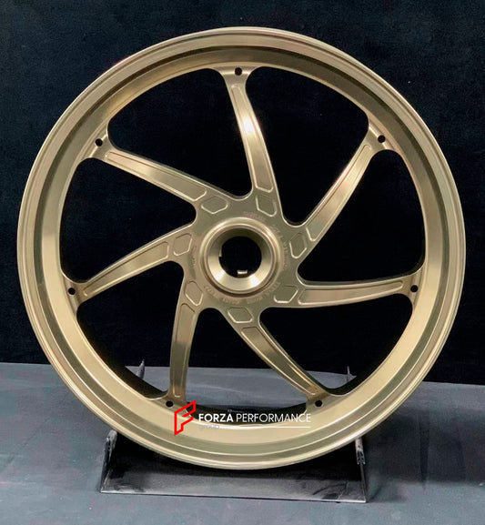We manufacture premium quality forged motorcycle wheels rims for DUCATI PANIGALE V4 V4S V4R V4 SP2 in any design, size, color.

Wheel sizes (motorcycle spec):

Front: 3.5 x 17

Rear: 6 x 17

Weight:

Front: 3.85 kg (8.49 lbs)

Rear: 4.2 kg (9.26 lbs)


Finishing: Satin Light Gold

Forza Performance Group engineers and manufactures each forged motorcycle wheel individually per order. This ensures precise fitment, uncompromised strength, and unique styling. Whether for racing, touring, or daily use — our whee