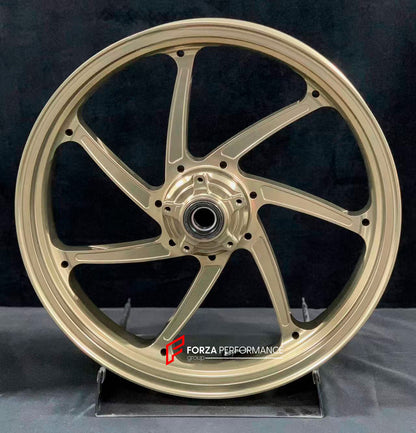 We manufacture premium quality forged motorcycle wheels rims for DUCATI PANIGALE V4 V4S V4R V4 SP2 in any design, size, color.

Wheel sizes (motorcycle spec):

Front: 3.5 x 17

Rear: 6 x 17

Weight:

Front: 3.85 kg (8.49 lbs)

Rear: 4.2 kg (9.26 lbs)


Finishing: Satin Light Gold

Forza Performance Group engineers and manufactures each forged motorcycle wheel individually per order. This ensures precise fitment, uncompromised strength, and unique styling. Whether for racing, touring, or daily use — our whee
