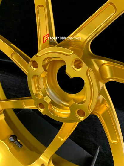 We manufacture premium quality forged motorcycle wheels rims for DUCATI PANIGALE V4 V4S V4R V4 SP2 in any design, size, color.

Wheel sizes (motorcycle spec):

Front: 3.5 x 17

Rear: 6 x 17

Weight:

Front: 3.95 kg (8.71 lbs)

Rear: 3.7 kg (8.16 lbs)


Finishing: Satin Gold

Forza Performance Group engineers and manufactures each forged motorcycle wheel individually per order. This ensures precise fitment, uncompromised strength, and unique styling. Whether for racing, touring, or daily use — our wheels are