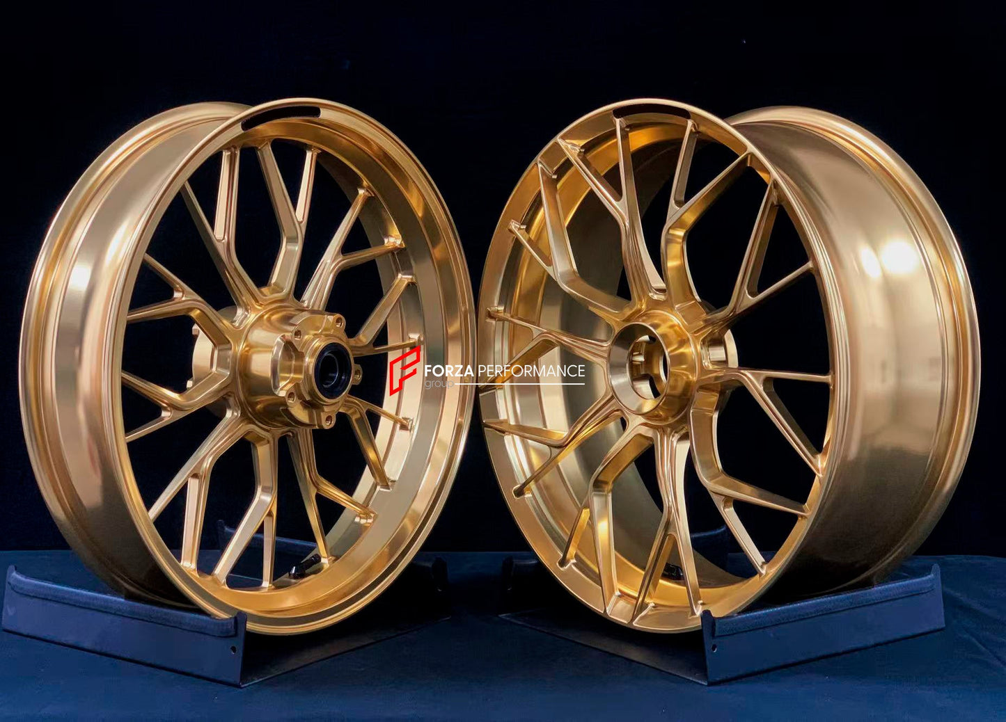 We manufacture premium quality forged motorcycle wheels rims for DUCATI PANIGALE V4 V4S V4R V4 SP2 in any design, size, color.

Wheel sizes (motorcycle spec):

Front: 3.5 x 17

Rear: 6 x 17

Weight:

Front: 4.1 kg (9.04 lbs)

Rear: 4.2 kg (9.26 lbs)


Finishing: Polished Bronze

Forza Performance Group engineers and manufactures each forged motorcycle wheel individually per order. This ensures precise fitment, uncompromised strength, and unique styling. Whether for racing, touring, or daily use — our wheels