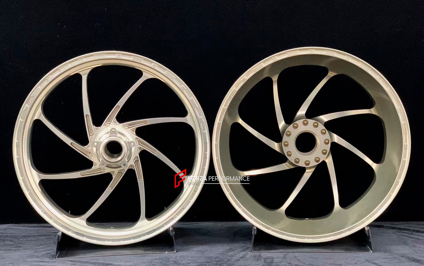 We manufacture premium quality forged motorcycle wheels rims for DUCATI PANIGALE V4 V4S V4R V4 SP2 in any design, size, color.

Wheel sizes (motorcycle spec):

Front: 3.5 x 17

Rear: 6 x 17

Weight:

Front: 3.85 kg (8.05 lbs)

Rear: 3.65 kg (8.49 lbs)


Finishing: Gloss Light Gold

Forza Performance Group engineers and manufactures each forged motorcycle wheel individually per order. This ensures precise fitment, uncompromised strength, and unique styling. Whether for racing, touring, or daily use — our whe