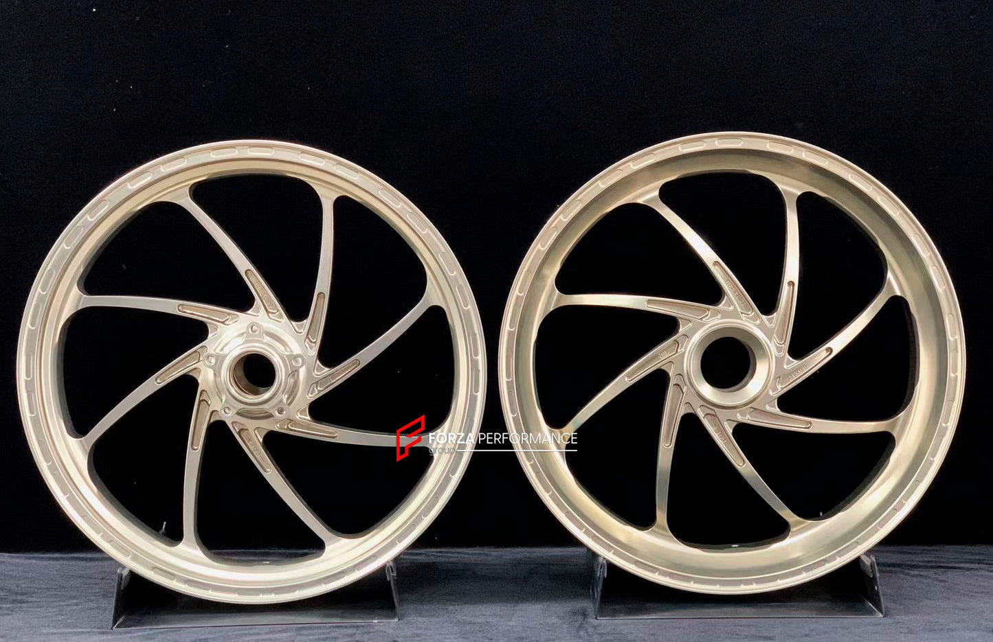 We manufacture premium quality forged motorcycle wheels rims for DUCATI PANIGALE V4 V4S V4R V4 SP2 in any design, size, color.

Wheel sizes (motorcycle spec):

Front: 3.5 x 17

Rear: 6 x 17

Weight:

Front: 3.85 kg (8.05 lbs)

Rear: 3.65 kg (8.49 lbs)


Finishing: Gloss Light Gold

Forza Performance Group engineers and manufactures each forged motorcycle wheel individually per order. This ensures precise fitment, uncompromised strength, and unique styling. Whether for racing, touring, or daily use — our whe