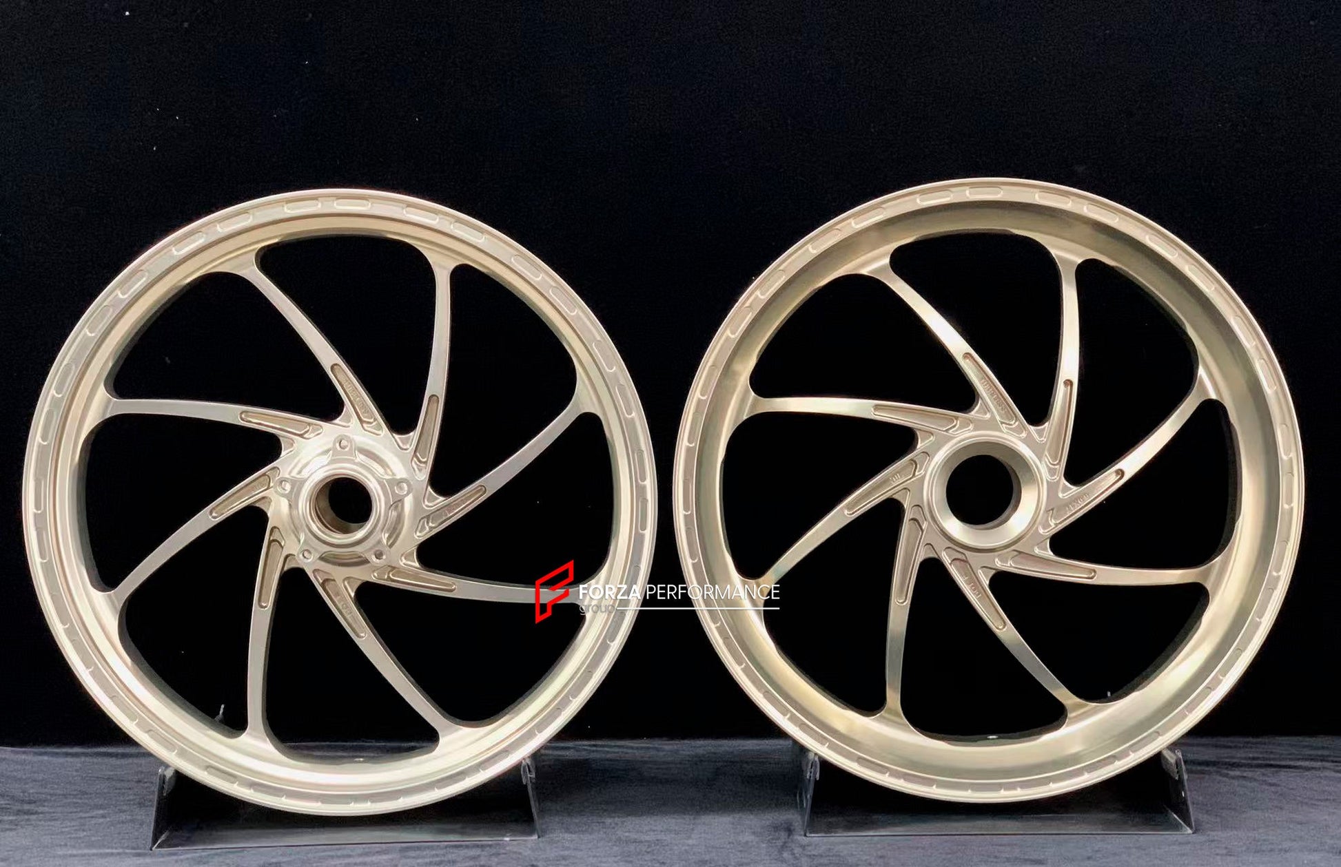 We manufacture premium quality forged motorcycle wheels rims for DUCATI PANIGALE V4 V4S V4R V4 SP2 in any design, size, color.

Wheel sizes (motorcycle spec):

Front: 3.5 x 17

Rear: 6 x 17

Weight:

Front: 3.85 kg (8.05 lbs)

Rear: 3.65 kg (8.49 lbs)


Finishing: Gloss Light Gold

Forza Performance Group engineers and manufactures each forged motorcycle wheel individually per order. This ensures precise fitment, uncompromised strength, and unique styling. Whether for racing, touring, or daily use — our whe