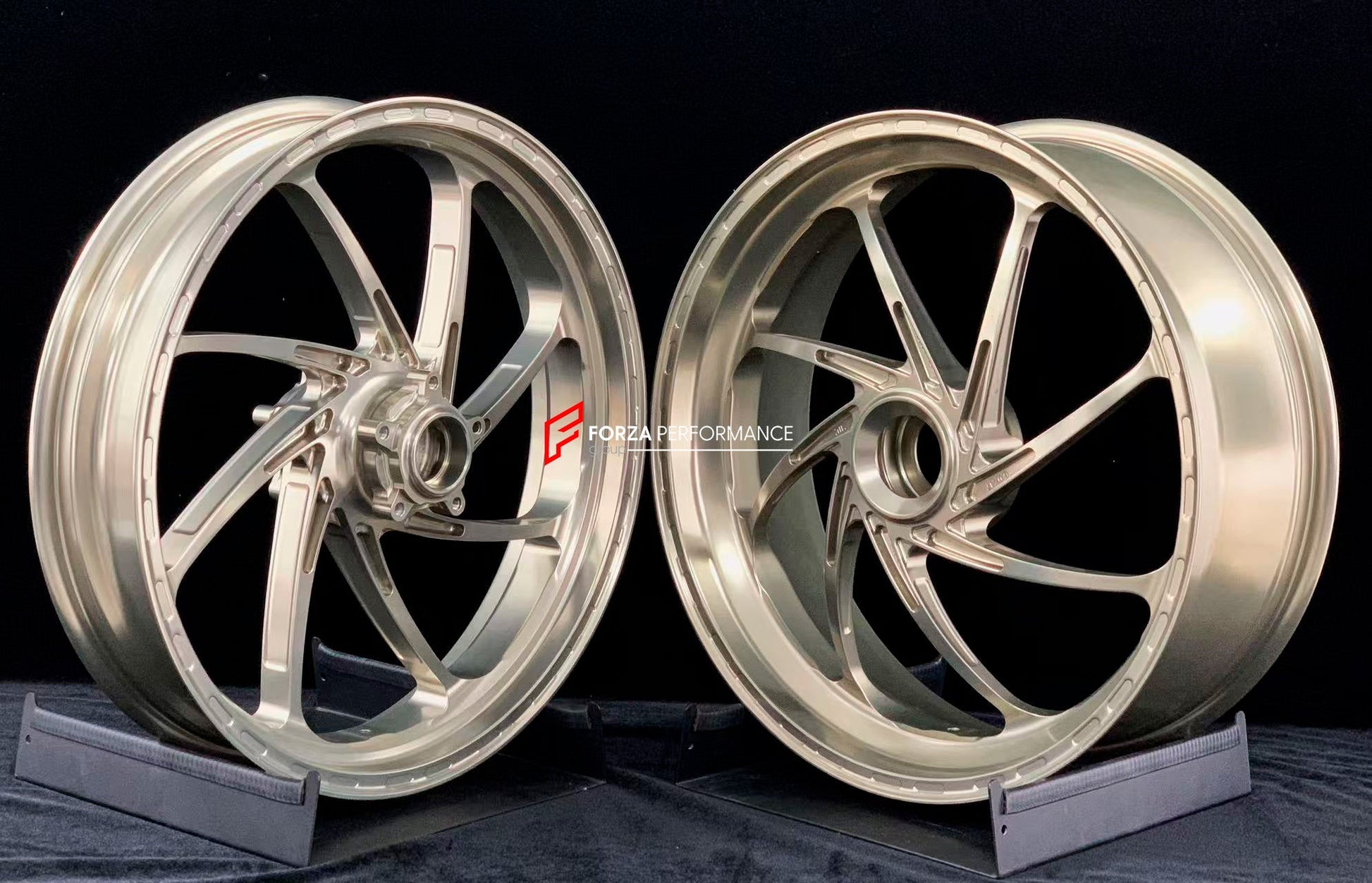 We manufacture premium quality forged motorcycle wheels rims for DUCATI PANIGALE V4 V4S V4R V4 SP2 in any design, size, color.

Wheel sizes (motorcycle spec):

Front: 3.5 x 17

Rear: 6 x 17

Weight:

Front: 3.85 kg (8.05 lbs)

Rear: 3.65 kg (8.49 lbs)


Finishing: Gloss Light Gold

Forza Performance Group engineers and manufactures each forged motorcycle wheel individually per order. This ensures precise fitment, uncompromised strength, and unique styling. Whether for racing, touring, or daily use — our whe