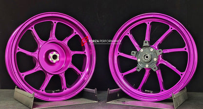 We manufacture premium quality forged motorcycle wheels rims for HONDA PCX 125 150 160 in any design, size, color.

Wheel sizes (motorcycle spec):

Front: 2.75 x 14

Rear: 3.5 x 13

Weight:

Front: 2.85 kg (6.28 lbs)

Rear: 3.4 kg (7.5 lbs)


Finishing: Gloss Pink

Forza Performance Group engineers and manufactures each forged motorcycle wheel individually per order. This ensures precise fitment, uncompromised strength, and unique styling. Whether for racing, touring, or daily use — our wheels are built for