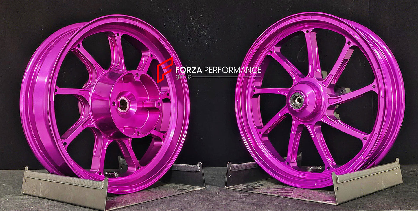 We manufacture premium quality forged motorcycle wheels rims for HONDA PCX 125 150 160 in any design, size, color.

Wheel sizes (motorcycle spec):

Front: 2.75 x 14

Rear: 3.5 x 13

Weight:

Front: 2.85 kg (6.28 lbs)

Rear: 3.4 kg (7.5 lbs)


Finishing: Gloss Pink

Forza Performance Group engineers and manufactures each forged motorcycle wheel individually per order. This ensures precise fitment, uncompromised strength, and unique styling. Whether for racing, touring, or daily use — our wheels are built for