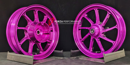 We manufacture premium quality forged motorcycle wheels rims for HONDA PCX 125 150 160 in any design, size, color.

Wheel sizes (motorcycle spec):

Front: 2.75 x 14

Rear: 3.5 x 13

Weight:

Front: 2.85 kg (6.28 lbs)

Rear: 3.4 kg (7.5 lbs)


Finishing: Gloss Pink

Forza Performance Group engineers and manufactures each forged motorcycle wheel individually per order. This ensures precise fitment, uncompromised strength, and unique styling. Whether for racing, touring, or daily use — our wheels are built for