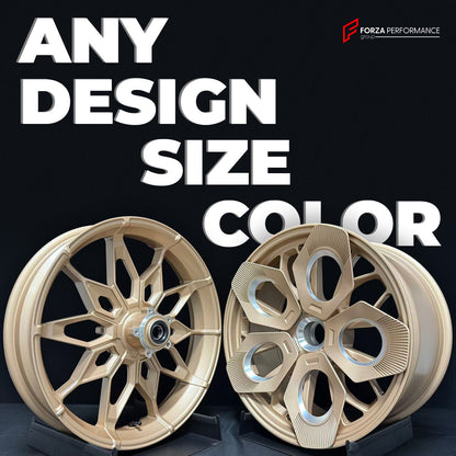 We manufacture premium quality forged motorcycle wheels rims in any design, size, color.

Wheel sizes (motorcycle spec): Any

Finishing: Any

Forza Performance Group engineers and manufactures each forged motorcycle wheel individually per order. This ensures precise fitment, uncompromised strength, and unique styling. Whether for racing, touring, or daily use — our wheels are built for both performance and design.

Advantages of Forza Performance Group forged wheels:
Our wheels are optimized for your motorc