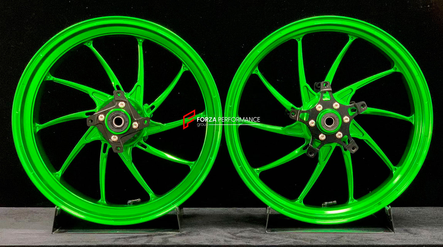We manufacture premium quality forged motorcycle wheels rims for KAWASAKI ZX4R ZX4RSE in any design, size, color.

Wheel sizes (motorcycle spec):

Front: 3.5 x 17

Rear: 4.5 x 17

Weight:

Front: 5.05 kg (11.13 lbs)

Rear: 5.2 kg (11.46 lbs)


Finishing: Gloss Green

Forza Performance Group engineers and manufactures each forged motorcycle wheel individually per order. This ensures precise fitment, uncompromised strength, and unique styling. Whether for racing, touring, or daily use — our wheels are built f