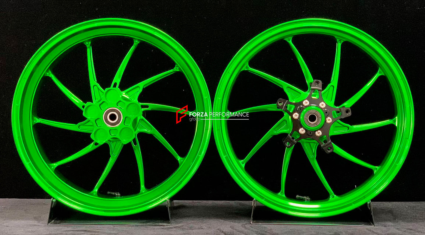We manufacture premium quality forged motorcycle wheels rims for KAWASAKI ZX4R ZX4RSE in any design, size, color.

Wheel sizes (motorcycle spec):

Front: 3.5 x 17

Rear: 4.5 x 17

Weight:

Front: 5.05 kg (11.13 lbs)

Rear: 5.2 kg (11.46 lbs)


Finishing: Gloss Green

Forza Performance Group engineers and manufactures each forged motorcycle wheel individually per order. This ensures precise fitment, uncompromised strength, and unique styling. Whether for racing, touring, or daily use — our wheels are built f